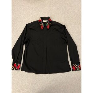 Yves St Clair Blouse Women's 14 XL Black Embellished Art Deco Collar 80s Vintage